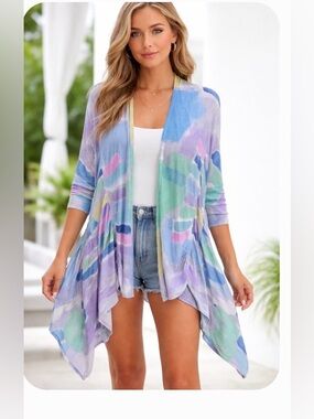 Colorful Watercolor Print Draped Cardigan by Adore it’s a lightweight knit